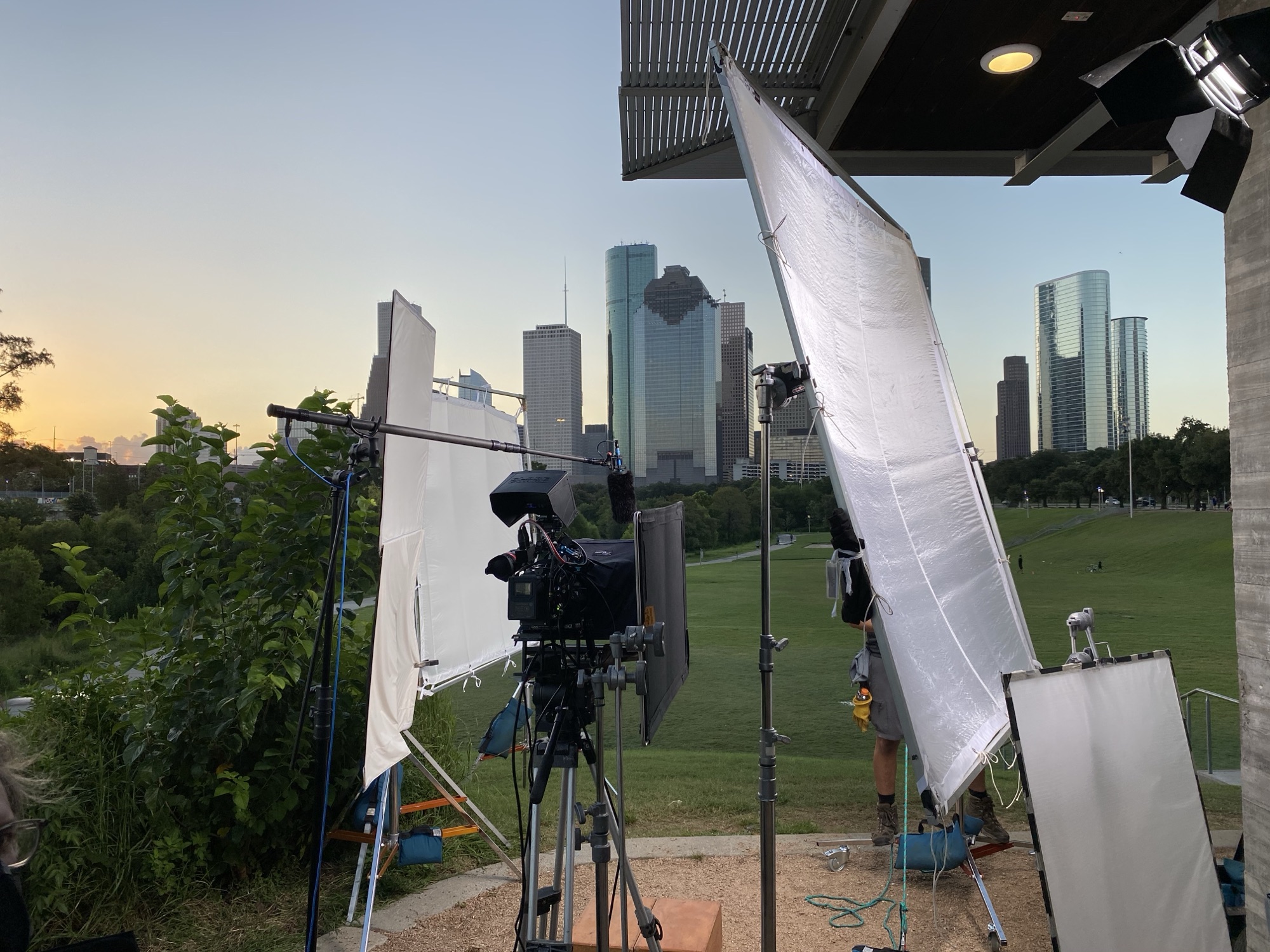 Production setup against the Houston skyline at dusk